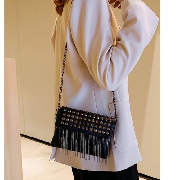 Luxe Vegan Leather Studded Tassel Shoulder Crossbody Bag - Picture 3 of 13